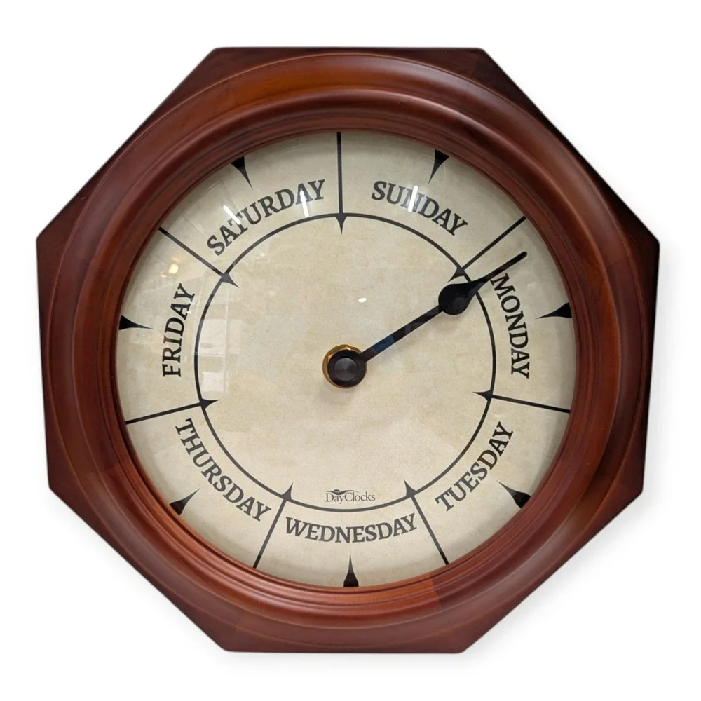 DayClocks Wood Octagon Wall Clock Day of the Week Only Retirement Gift Brown
